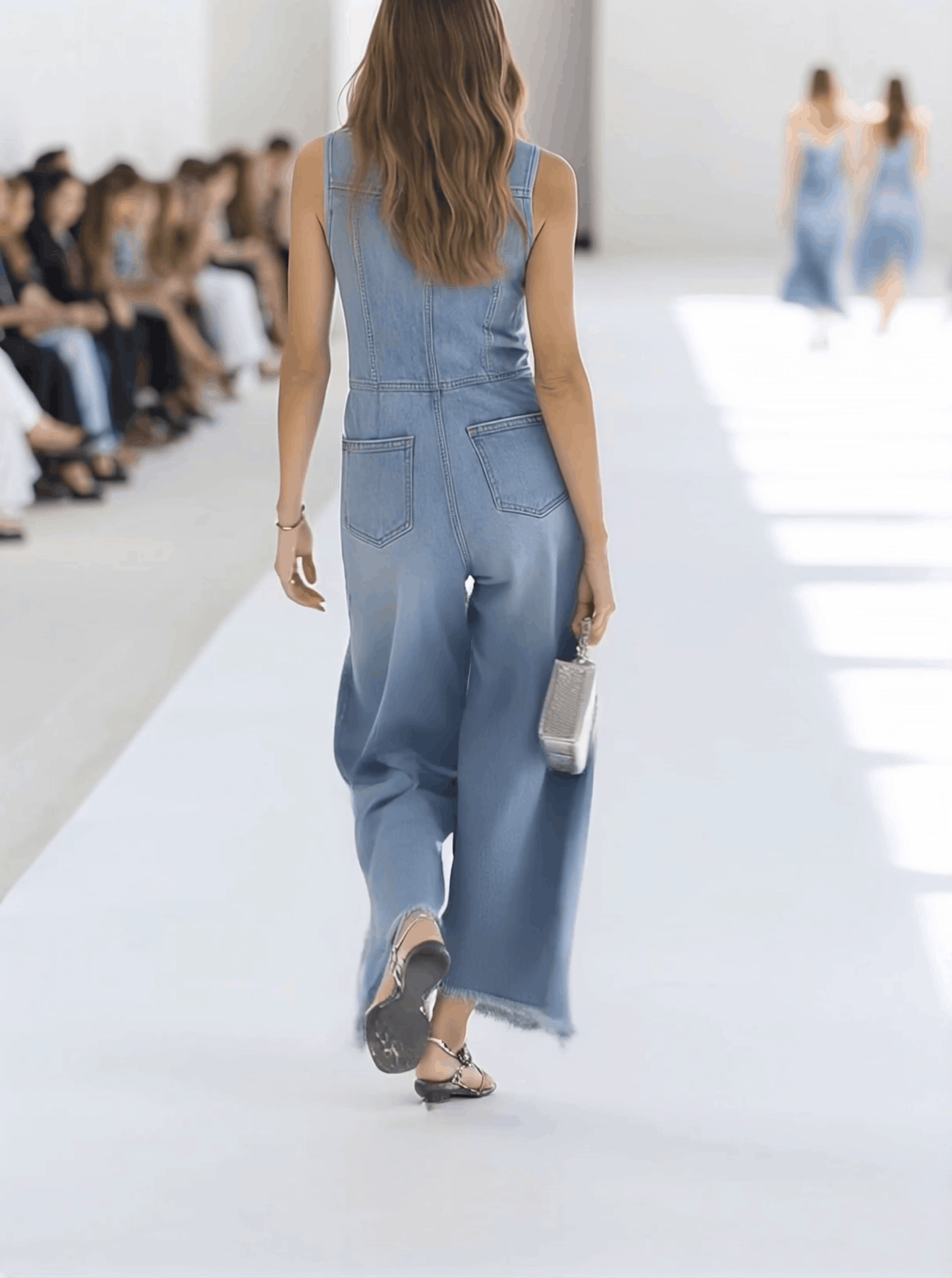 Western Retro Light Blue Denim Sleeveless Raw Edge Wide Leg Zipper Jumpsuit