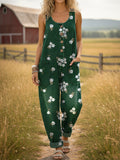 Women's Vintage Flower Pattern Print Casual Denim Jumpsuit