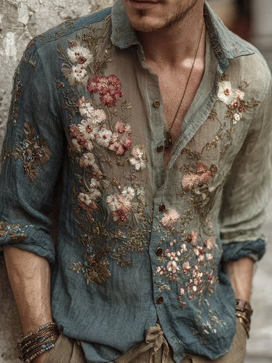 Men's Vintage Flower Embroidery Art Linen Blend Shirt