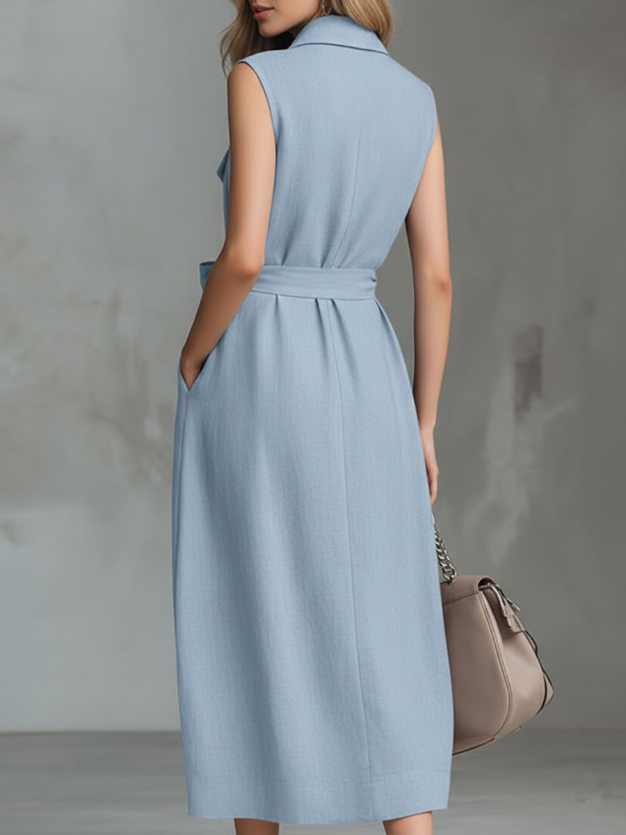 Women's Solid Color Lapel Sleeveless Casual Loose Cotton And Linen Dress