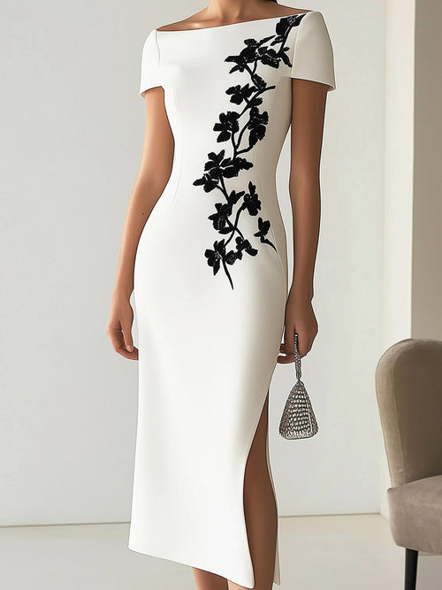 Chic Boatneck Dress with Asymmetrical Floral Print