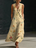 Women's Floral Pattern Art Print Casual Cotton Linen Dress