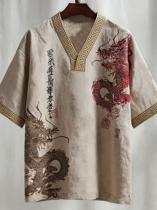 Men's Calligraphy With Dragon Art Print Short Sleeve Shirt