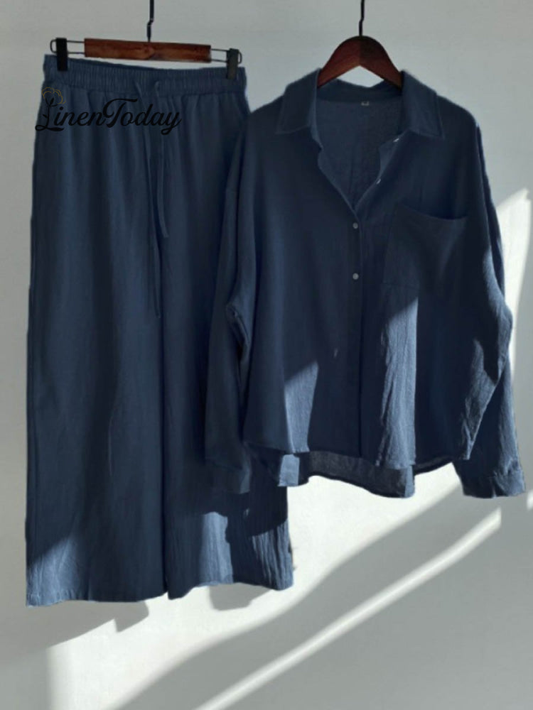 Women's Solid Color Loose Elegant High Waist Casual Cotton And Linen Suit