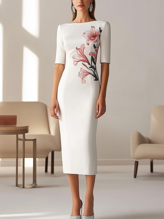 Chic White Midi Dress with Side Floral Embellishment
