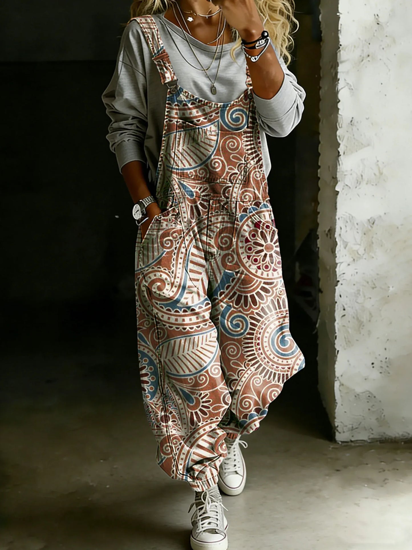 Women’s Vintage Abstract Ethnic Art Print Casual One Piece Denim Jumpsuit