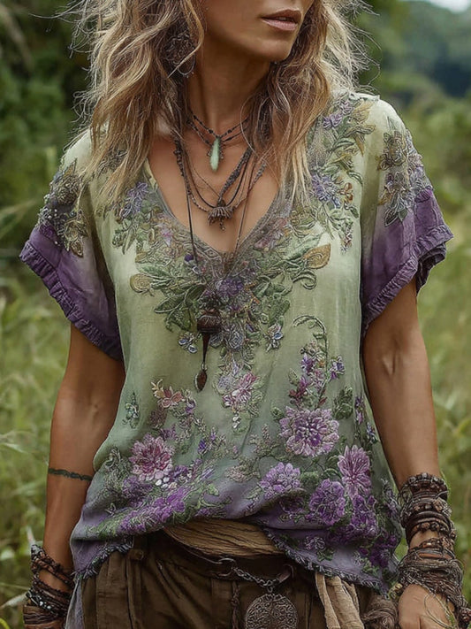 Vintage Flower Embroidery V-neck Short Sleeve Linen T-shirt