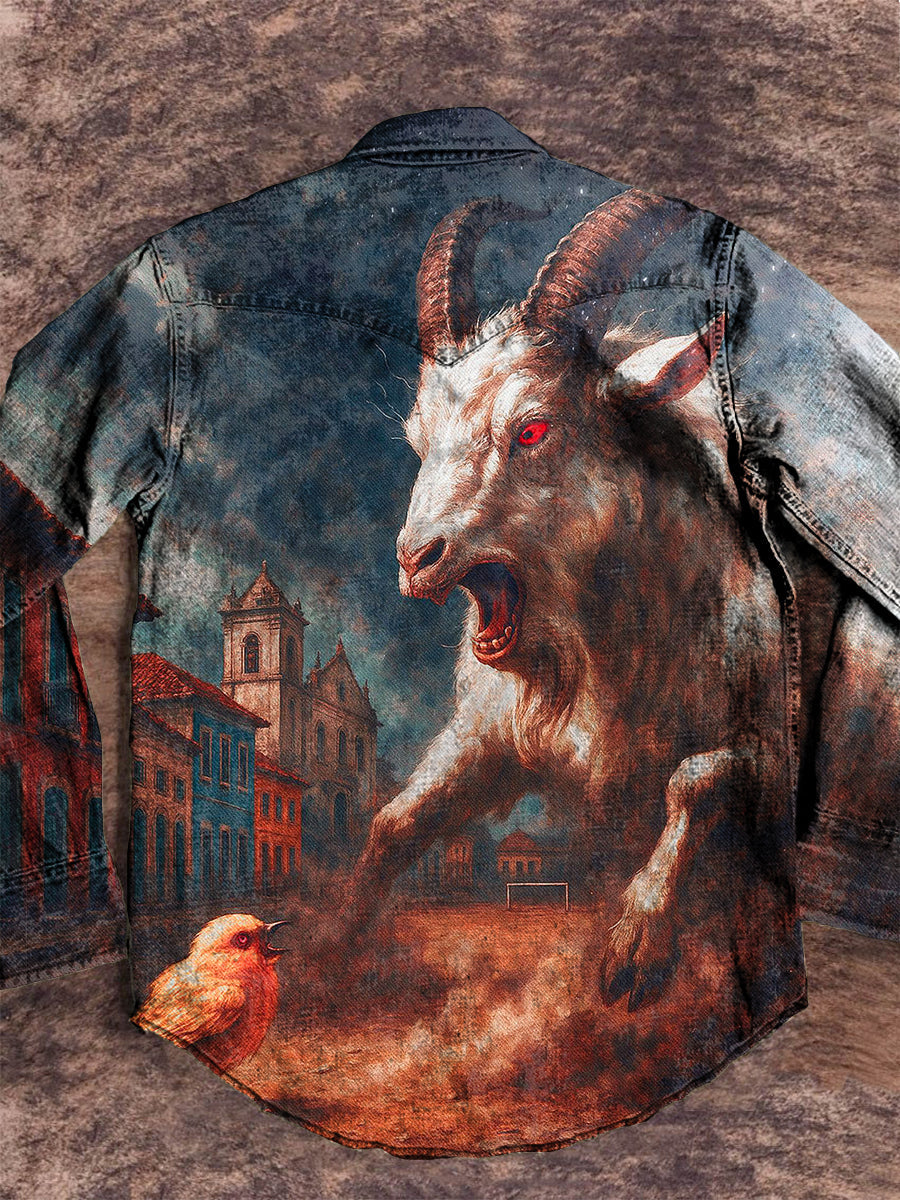 Vintage Halloween Dark Goat Arts Print Casual Denim Jacket
