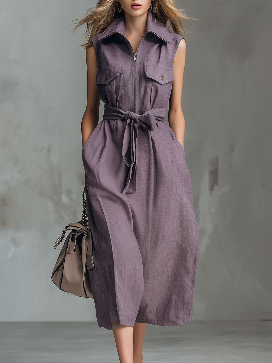 Women's Solid Color Lapel Sleeveless Casual Loose Cotton And Linen Dress