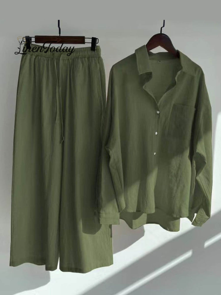 Women's Solid Color Loose Elegant High Waist Casual Cotton And Linen Suit