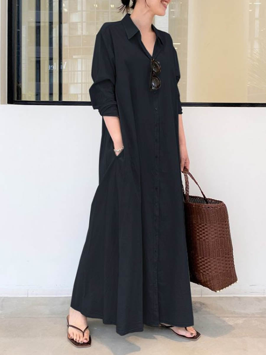Women's Solid Color Casual Loose Elegant V-Neck Cotton And Linen Pocket Shirt Dress
