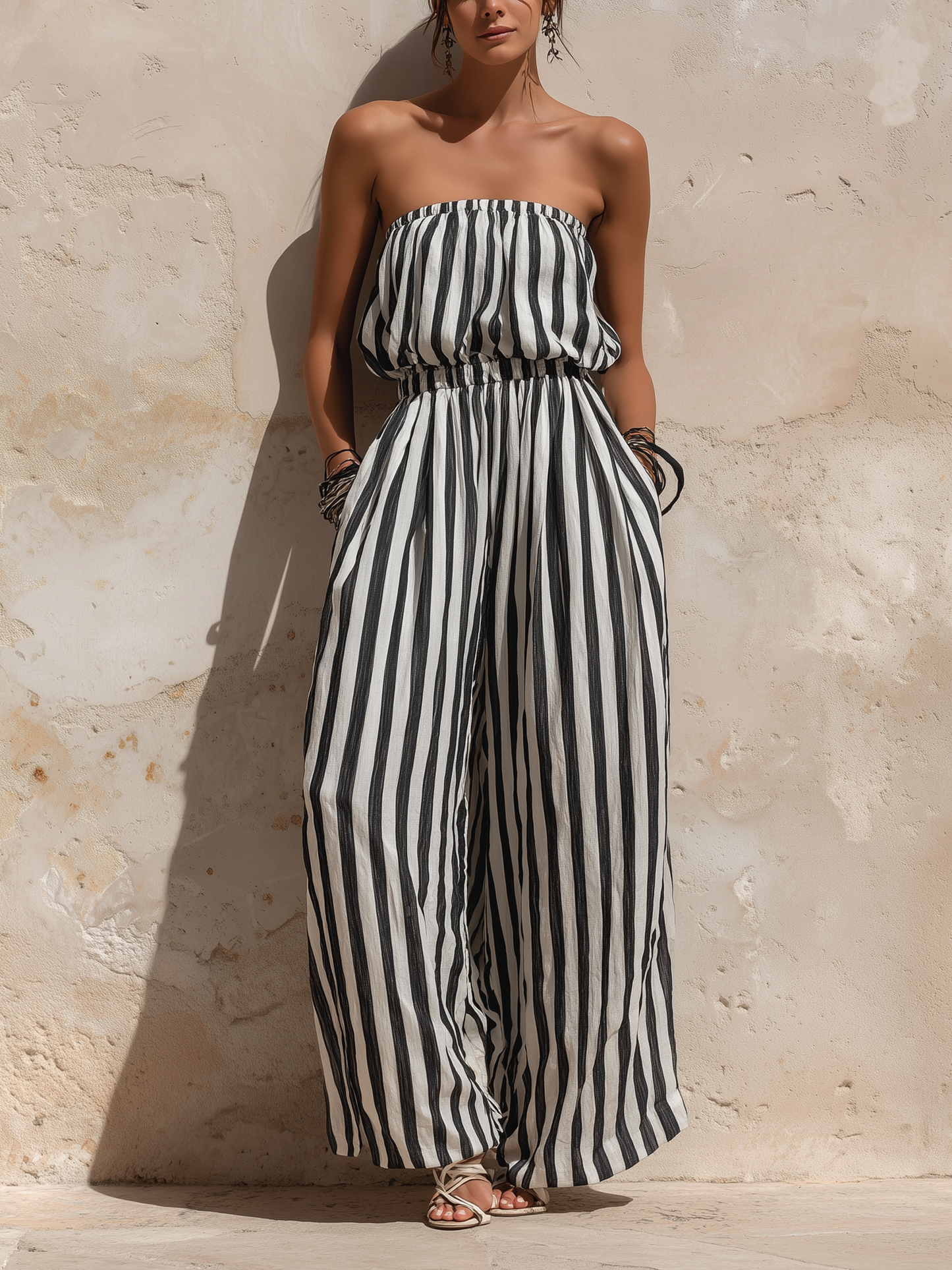 Striped Bandeau Wide-Leg Jumpsuit