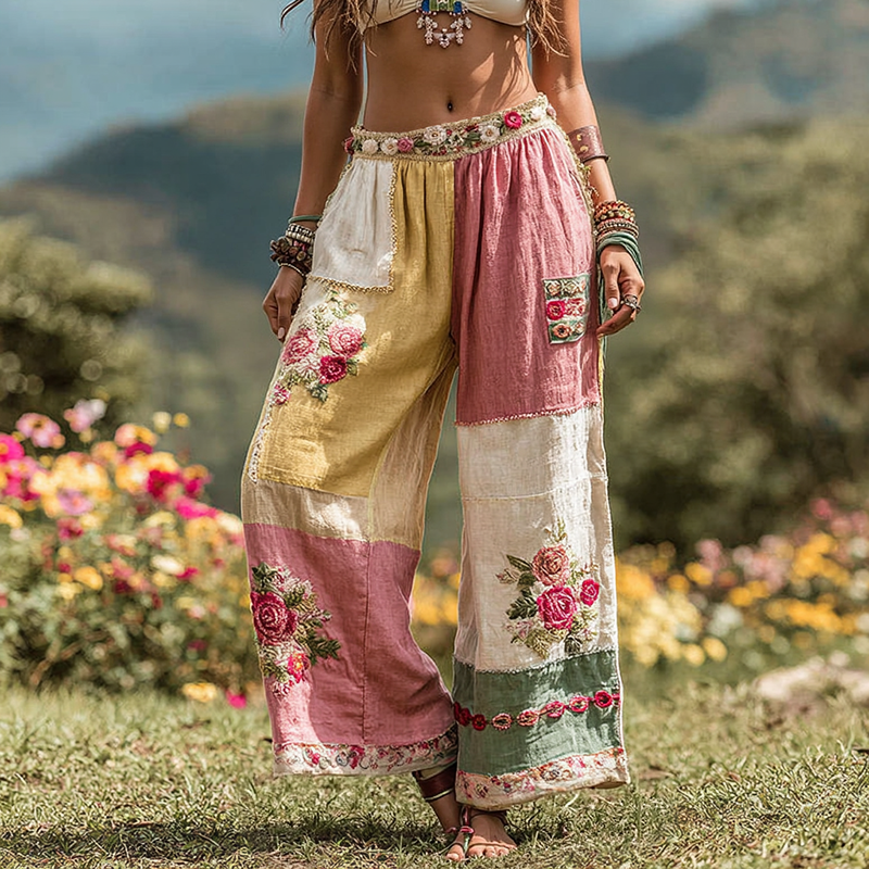 Women's Vintage Floral Art Linen Casual Wide Leg Pants