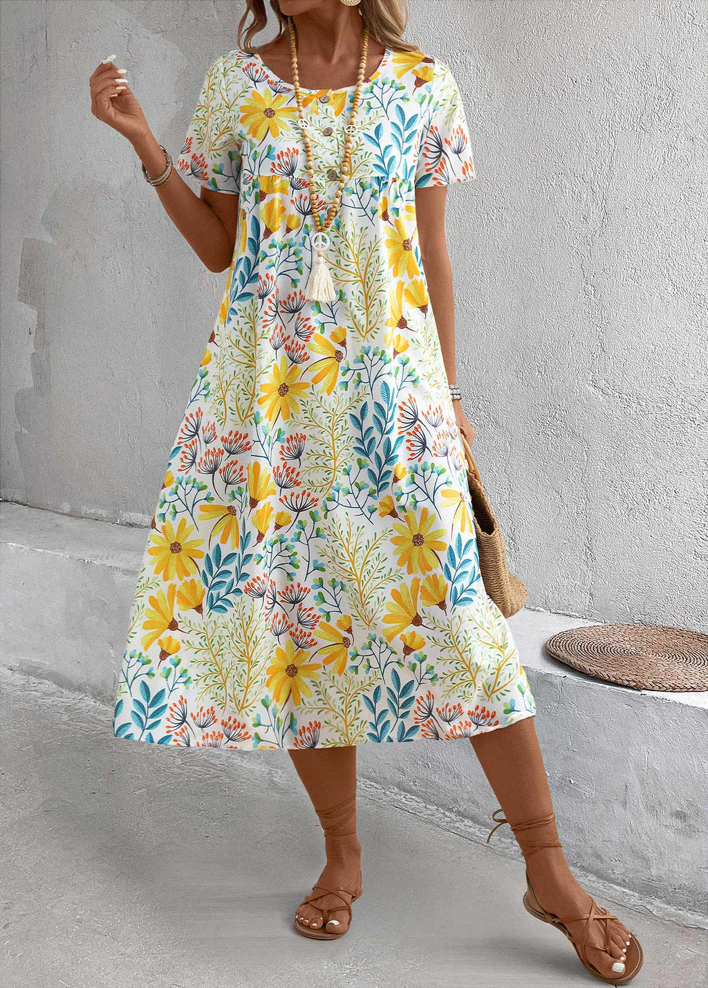 Yellow Pocket Floral Print A Line Short Sleeve Dress