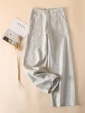 Women's Solid Color Half Elastic Waist Casual Cotton and Linen Wide Leg Pants