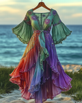 Summer Vacation Floral Embroidery Sequins Beaded Ruffle Dress 94fa