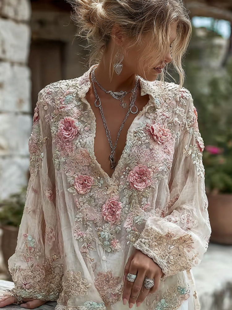 Women's Pink Rose Embroidery Art V Neck Long Sleeve Linen Blend Blouse
