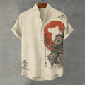Japanese Wolf Samurai & Pine Trees Sunrise Linen Shirt