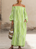 Casual Vacation Off-the-shoulder Striped Linen Dress