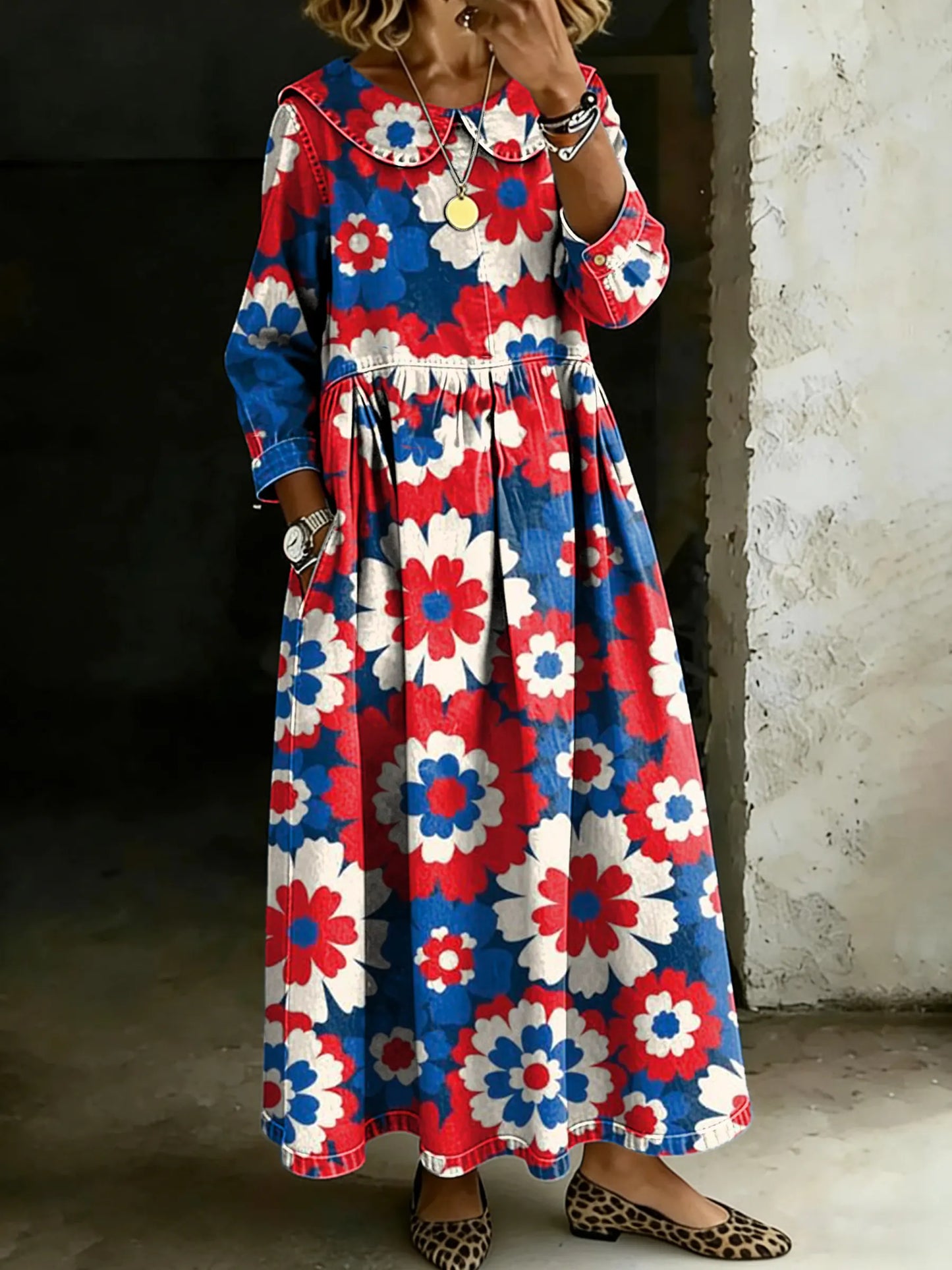Women's Retro Multicolor Floral Splicing Long-sleeved Loose-fitting Casual Denim Dress
