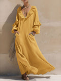 Women's Solid Color Ruffle V-neck Long-sleeved Casual Loose Cotton And Linen Dress
