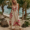 Women Vintage Pink Floral Embroidery Art V Neck Linen Maxi Dress