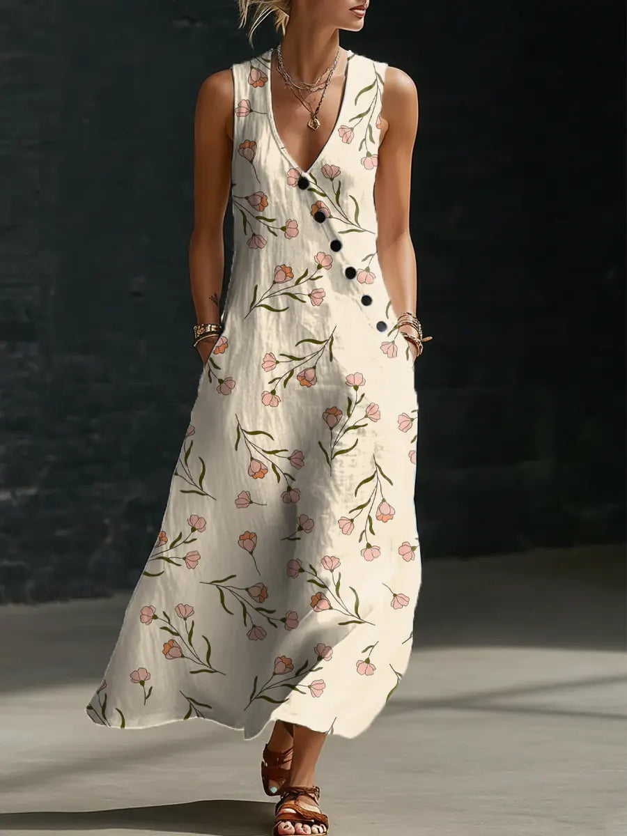 Women's Floral Pattern Art Print Casual Cotton Linen Dress