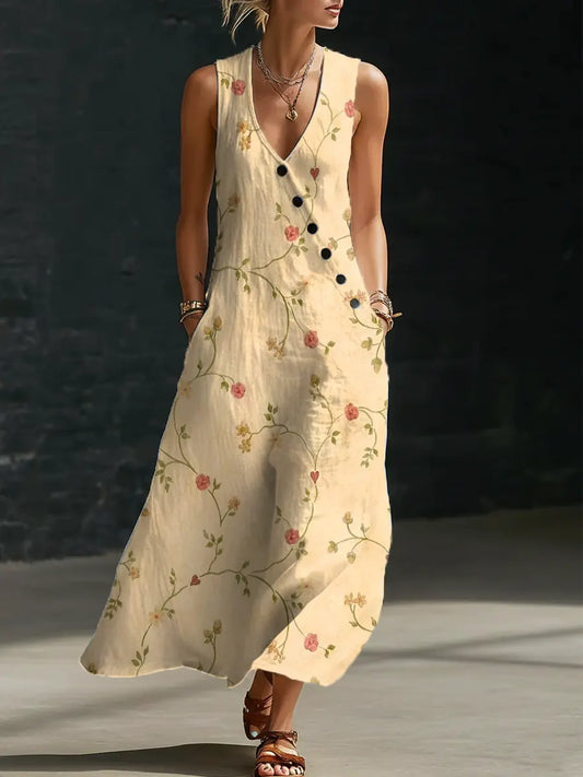 Women's Floral Pattern Art Print Casual Cotton Linen Dress