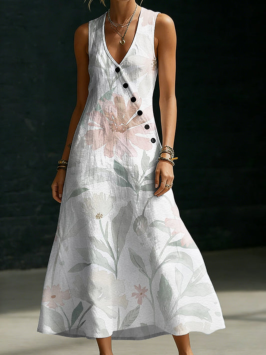 Women's Elegant Floral Decorative Patterns Minimalist And Cozy Button-up Dress