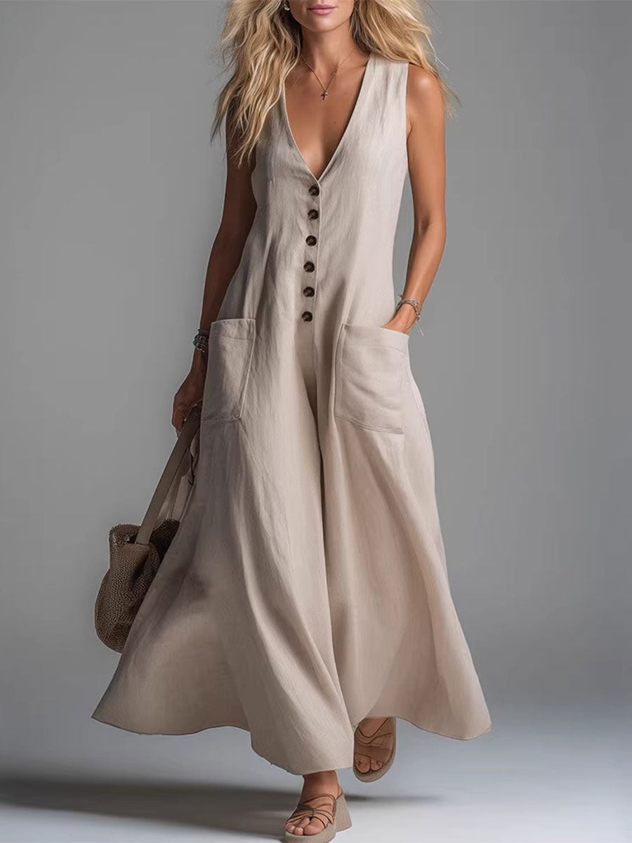 Women's Casual Pocket Deep V-neck Solid Color Casual Dress