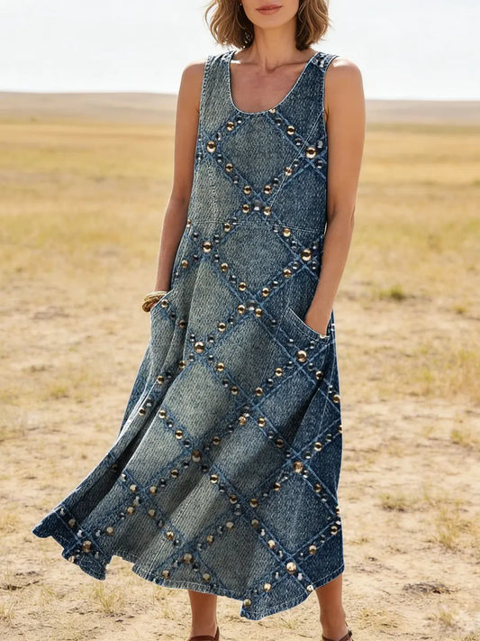Women's Plaid Pattern Art Print Casual Cotton Denim Dress