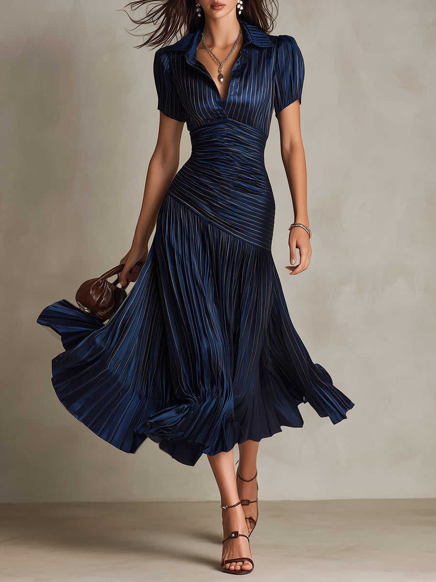 Retro Striped Satin Pleated Bodycon Midi Dress