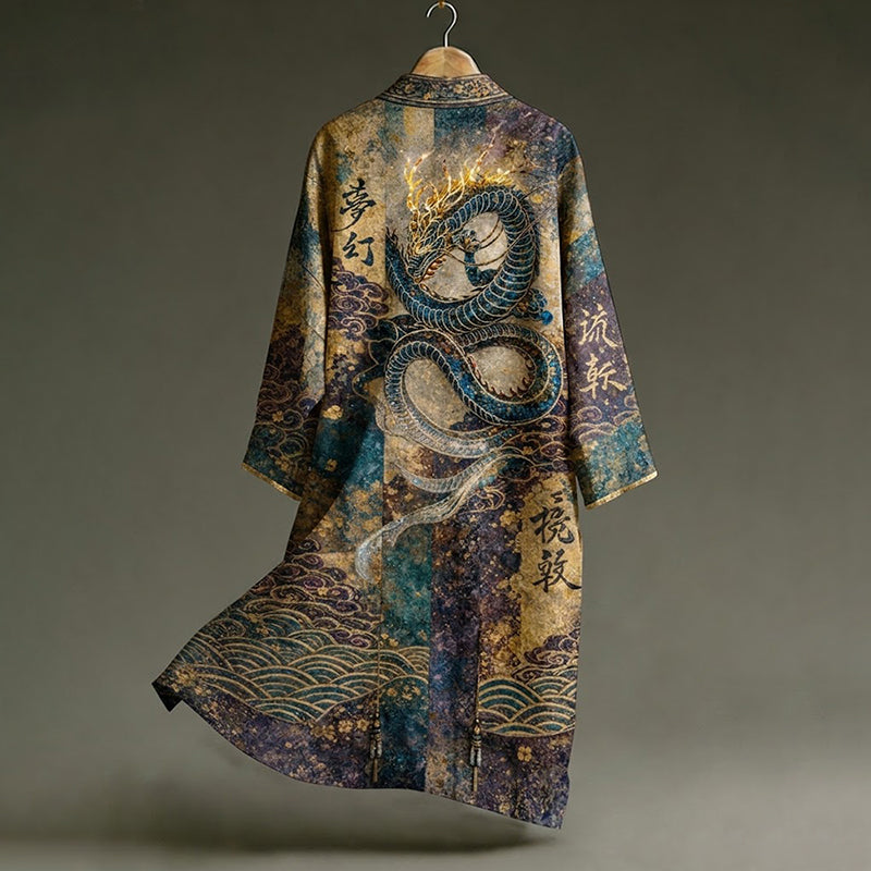Men's Vintage Japanese Calligraphy Dragon Art Pattern Linen Blend Long Kimono