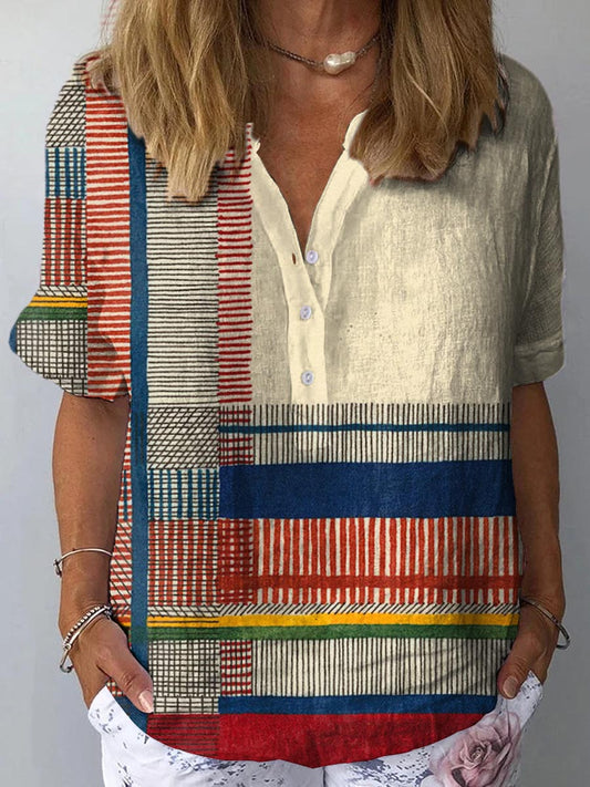 Women's Abstract Geometric Pattern Art Print Casual Cotton And Linen Shirt