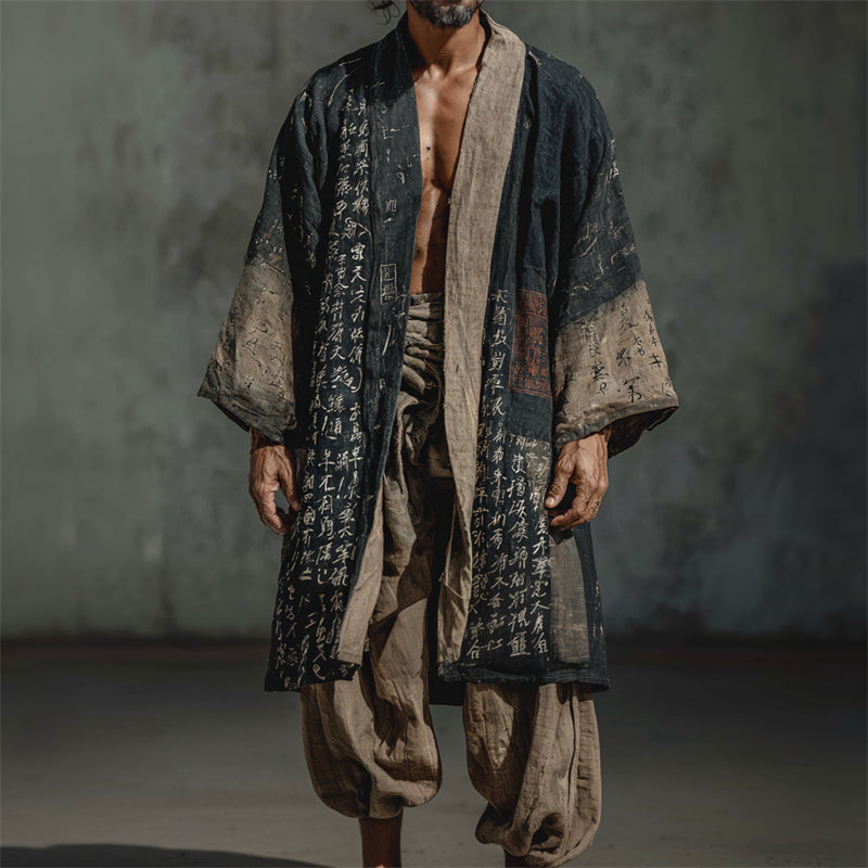 Men's Japanese Calligraphy Art Vintage Linen Long Kimono