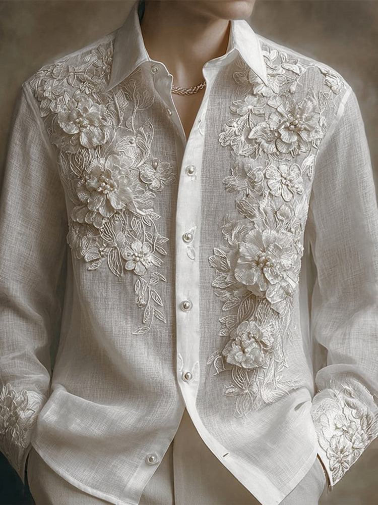 Men's Vintage Floral Lace Embroidered Linen Blouse