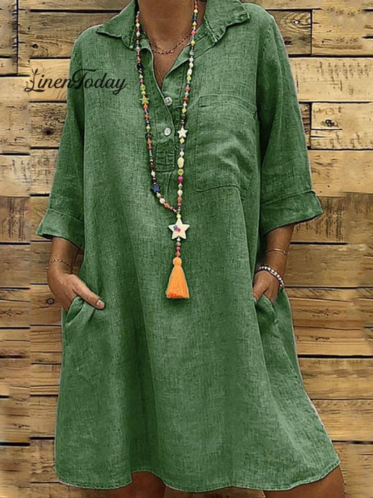 Ladies Plus Size 3/4 Sleeve Shirt Collar Casual Dress