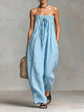 Women's Solid Color Strapless Casual Loose Cotton And Linen Jumpsuit