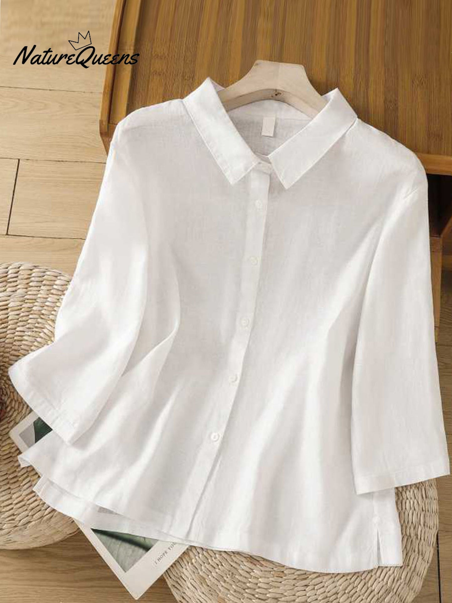 Women's  Solid Color Lapel 3/4 Sleeves Casual Linen Shirt