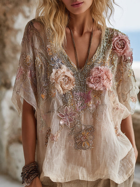 Bohemian Style Breast Cancer Awareness Three-dimensional Pink Flower Embroidery Linen Vintage V-neck Short-sleeved Shirt