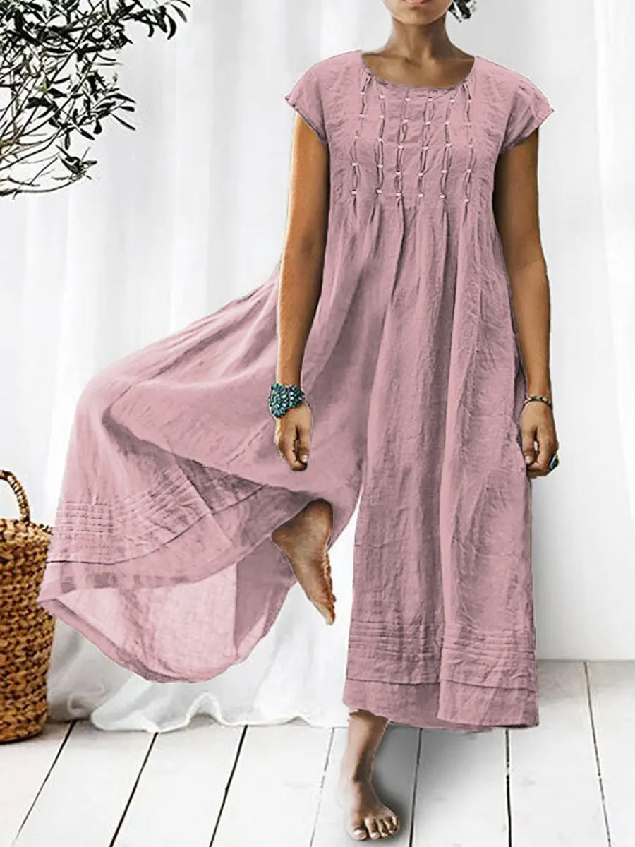 Women's Solid Color Art Casual Short Sleeve Cotton Linen Jumpsuit