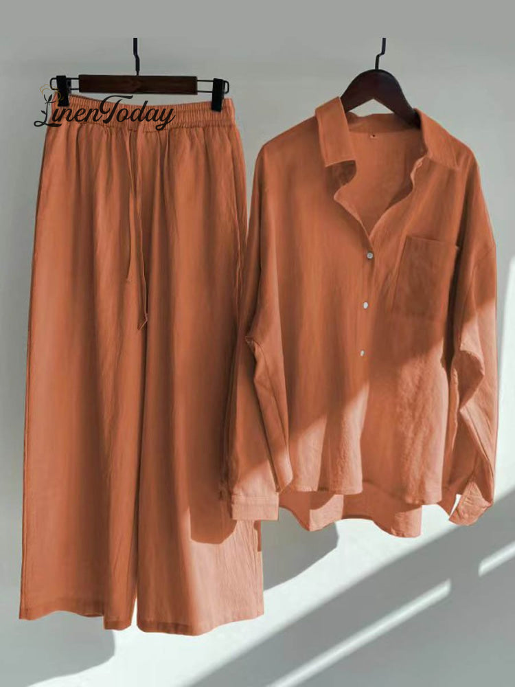 Women's Solid Color Loose Elegant High Waist Casual Cotton And Linen Suit