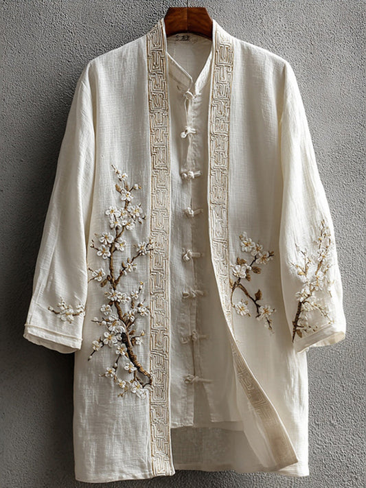 Men's Vintage Japanese Cherry Blossom Art  Linen Blend Kimono