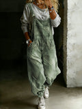 Women’s Vintage Green Art Print Casual One Piece Denim Jumpsuit