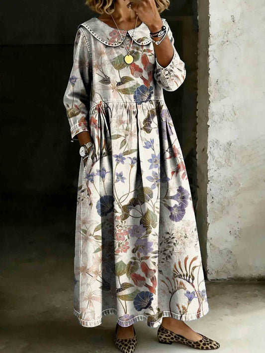 Women's Vintage Colorful Floral Art Print Lapel Collar Pleated Long Sleeve Casual Loose Denim Dress