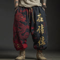 Men's Japanese Dragon Art Flowy Wide Leg Linen Pants