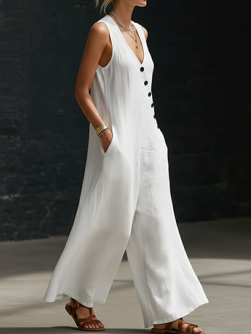 Minimalist Cozy V-neck Button-up Linen Jumpsuit