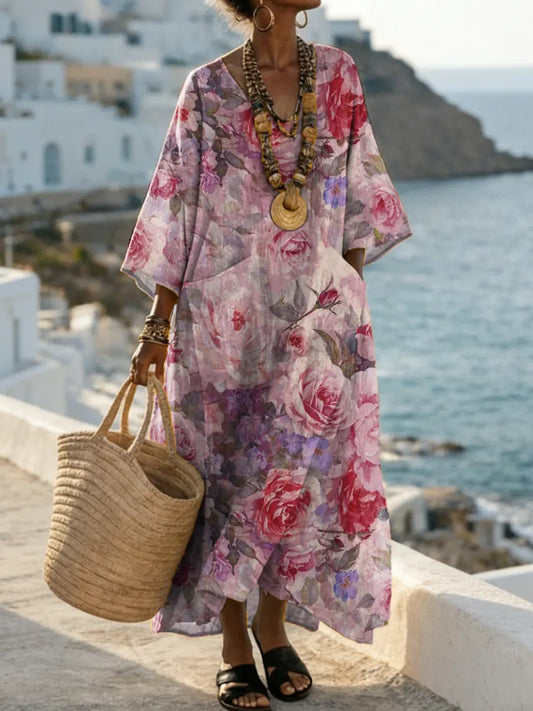 Women's Vintage Floral Pattern Art Print Casual Cotton Dress