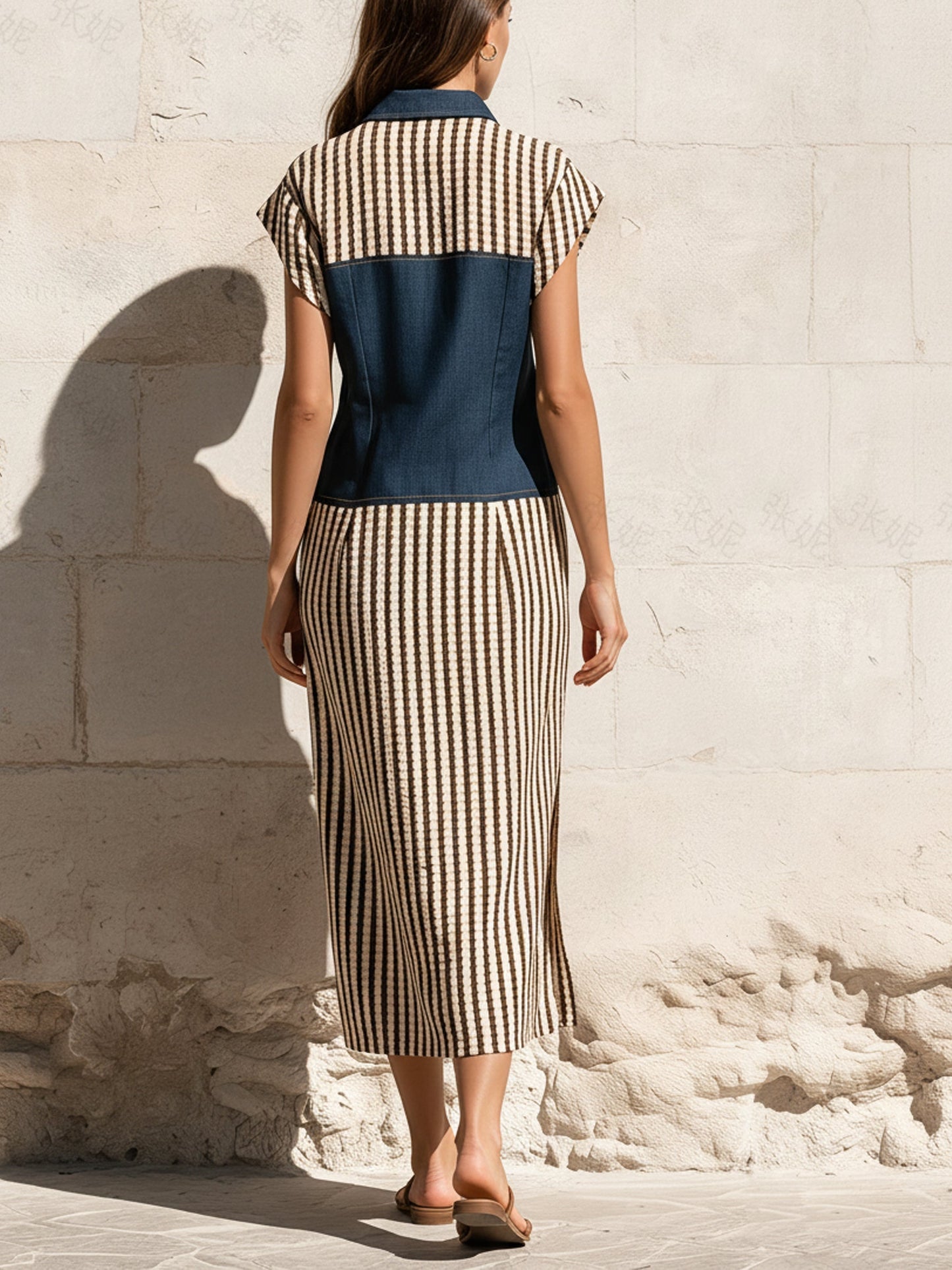 Denim & Stripe Color-Block Shirt Dress | Button-Front Midi Dress
