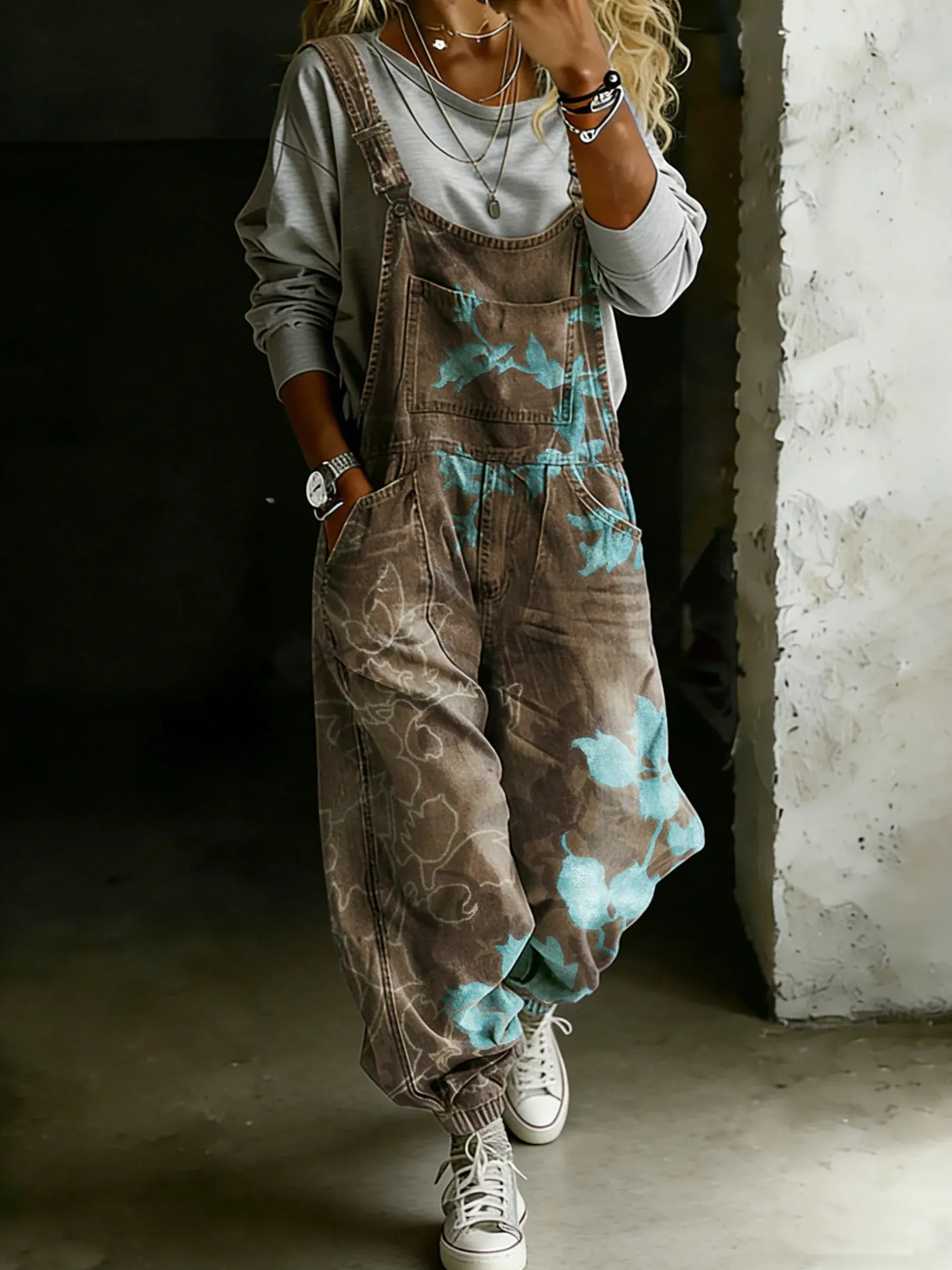 Women’s Vintage Abstract Ethnic Floral Art Print Casual One Piece Denim Jumpsuit